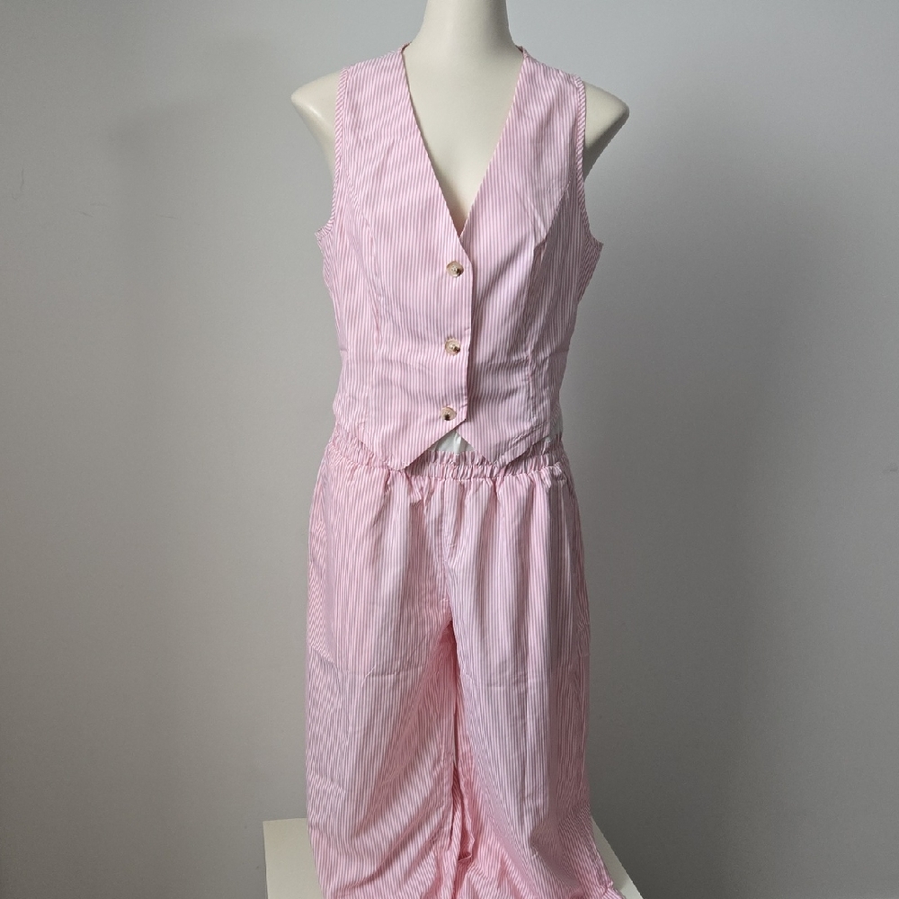 Pink Striped Sleeveless Vest +  Pants Suit Set (M/L)